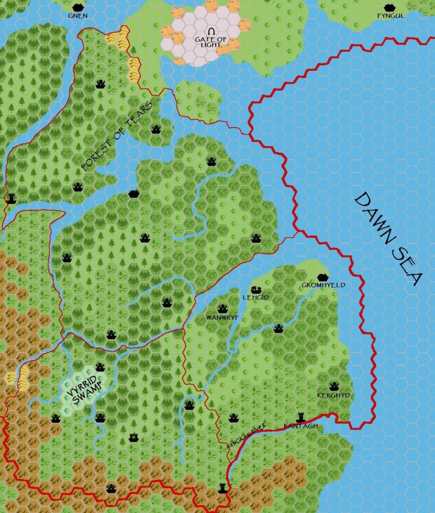 Shimmering Lands Southeast 2300 BC, 8 miles per hex, by John Calvin, March 2009