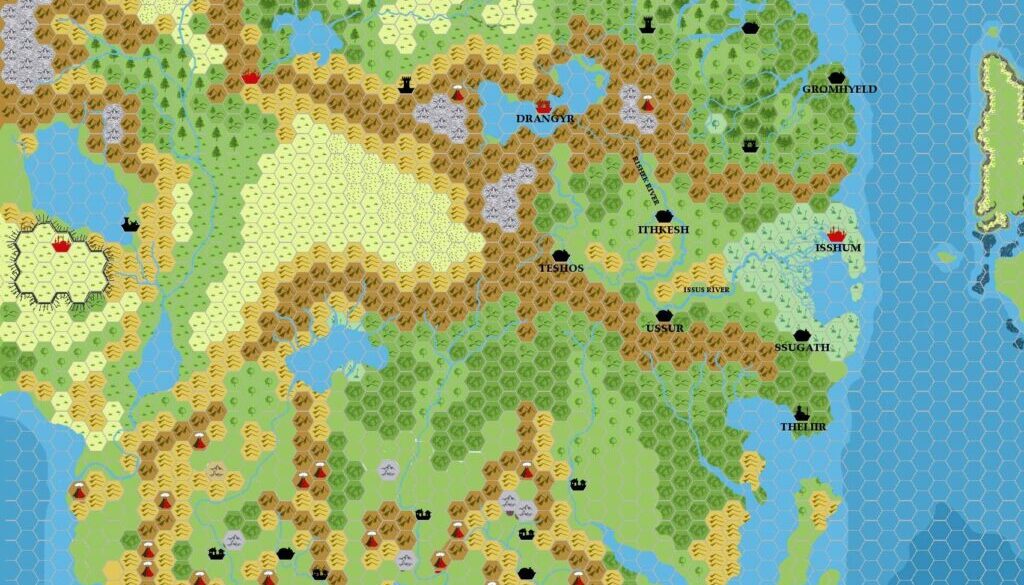 Taymora 2300 BC, 24 miles per hex Cities, by John Calvin, March 2009