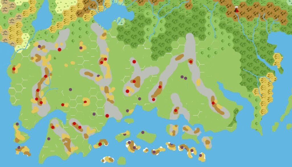 Taymora 2300 BC, 24 miles per hex Mountains, by John Calvin, March 2009