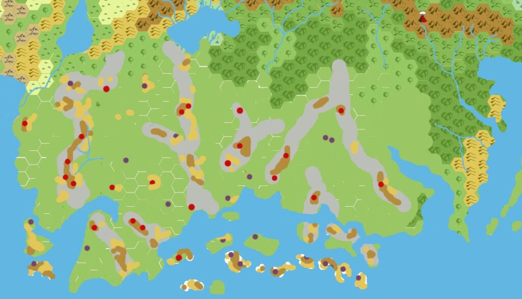 Taymora 2300 BC, 24 miles per hex Mountains, by John Calvin, March 2009