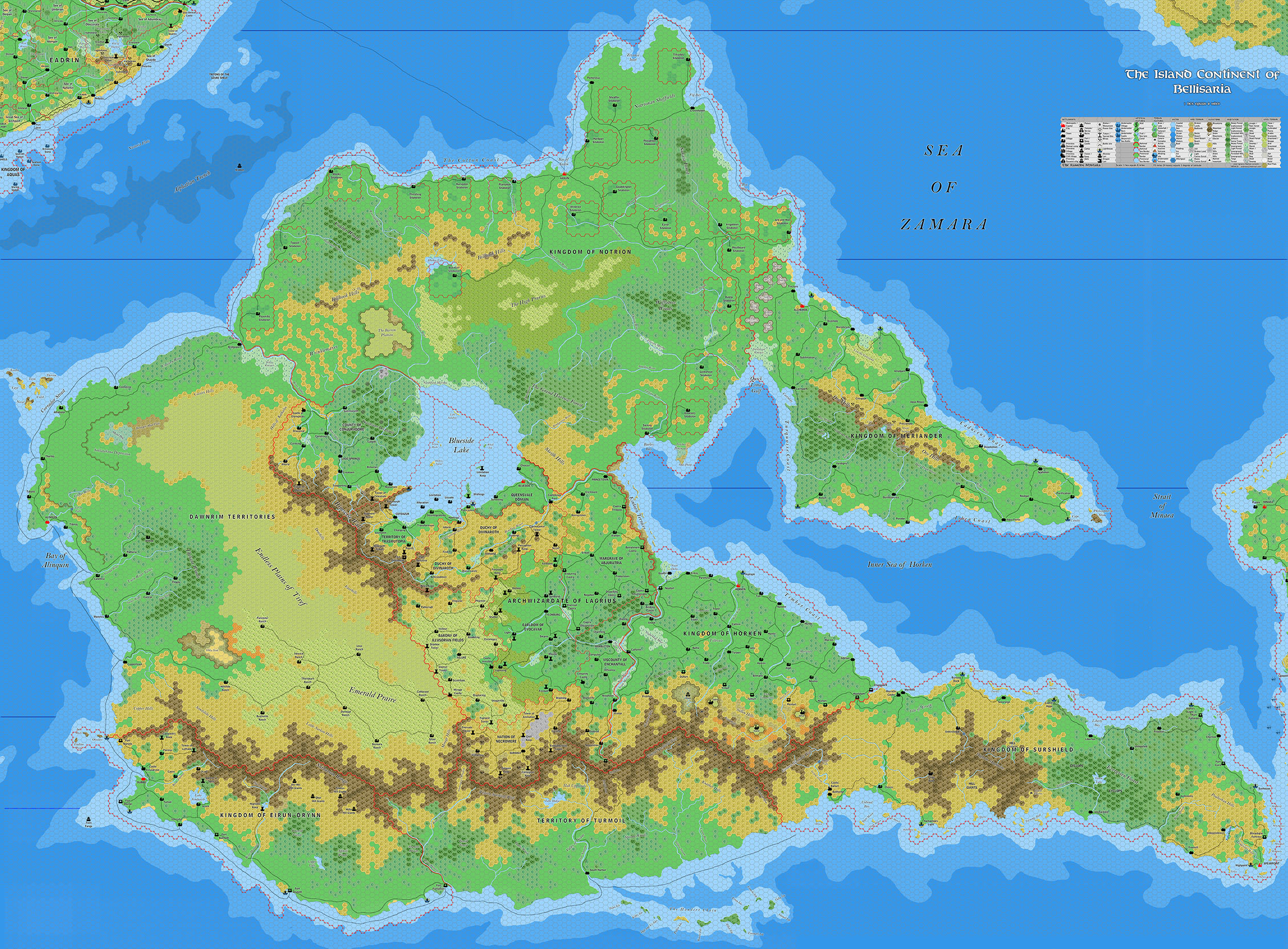 The Island of Bellissaria, 8 miles per hex by Jose Ignacio Ramos Lomelin, July 2018 (version3)