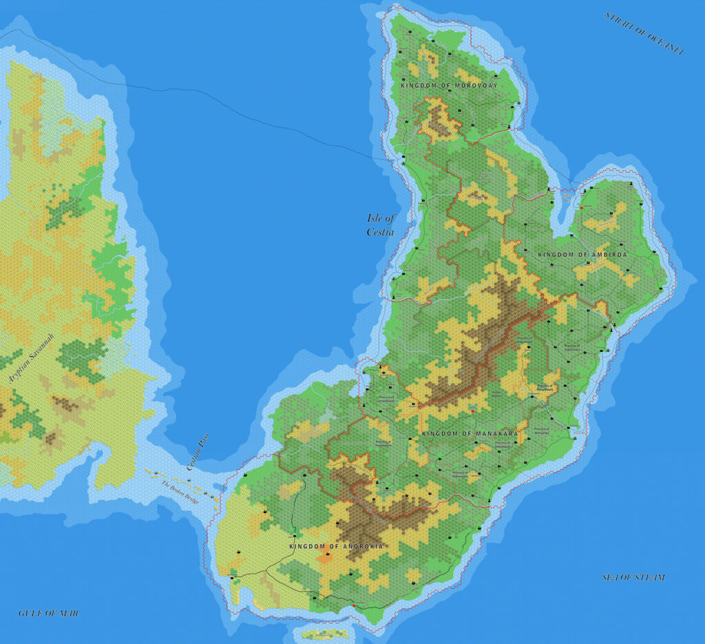 The Kingdoms of the Isle of Cestia, 8 miles per hex by Jose Ignacio Ramos Lomelin, May 2018 (version 2)