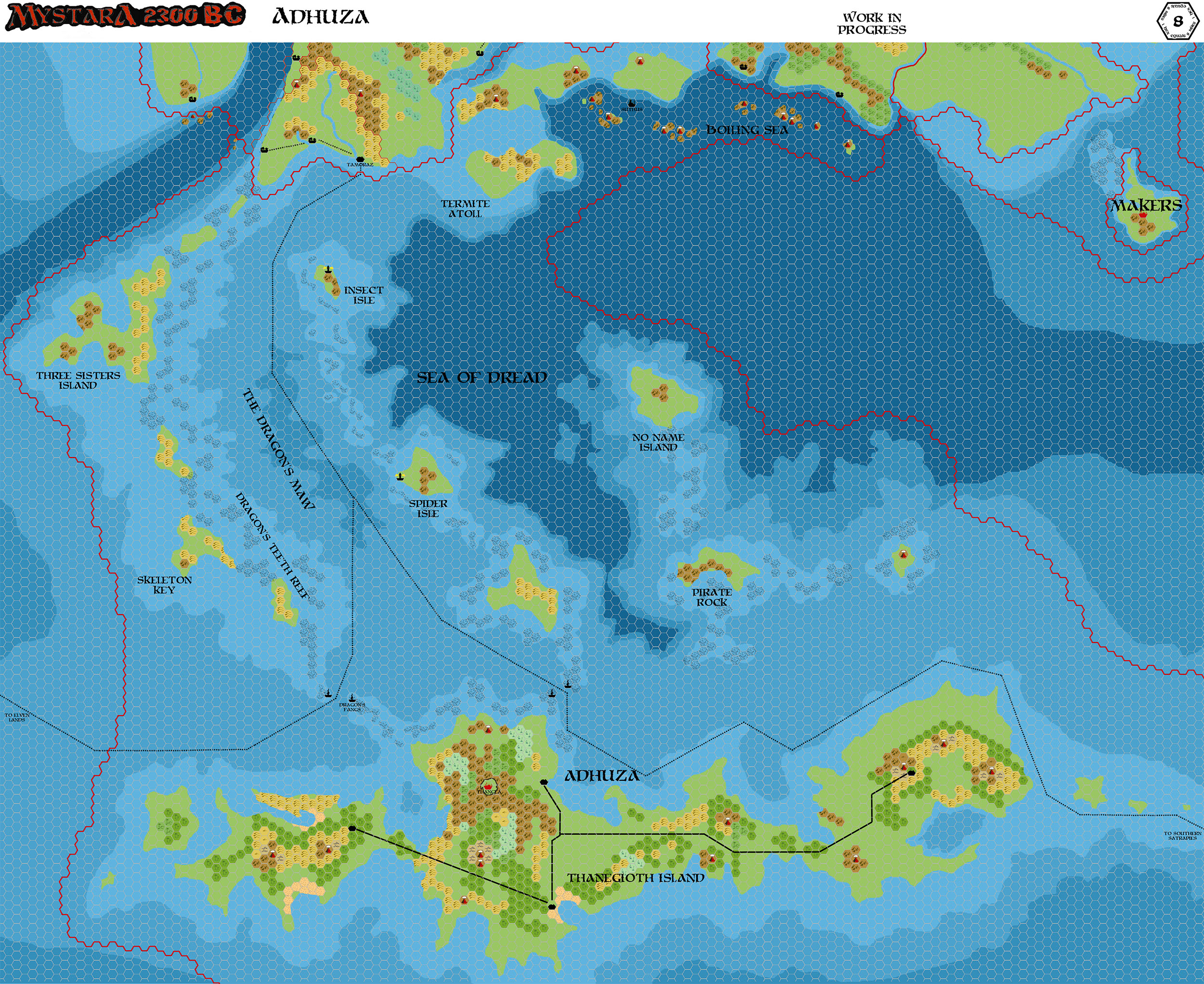 Adhuza 2300 BC, 8 miles per hex, by John Calvin, July 2010 (version 1)
