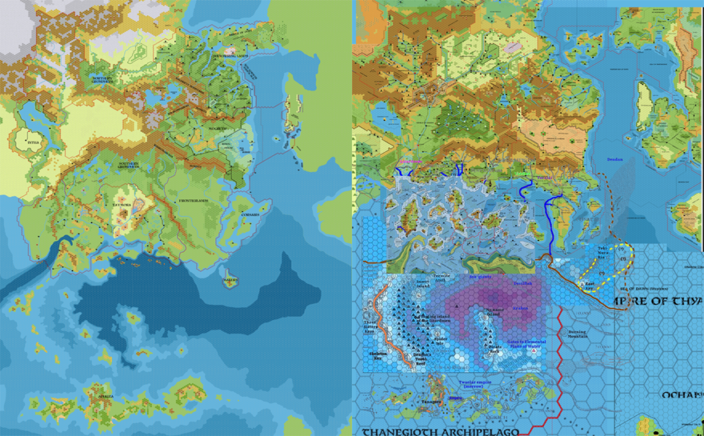 Known World 2300 BC-1000 AC Comparison, 8 miles per hex, by John Calvin, July 2010