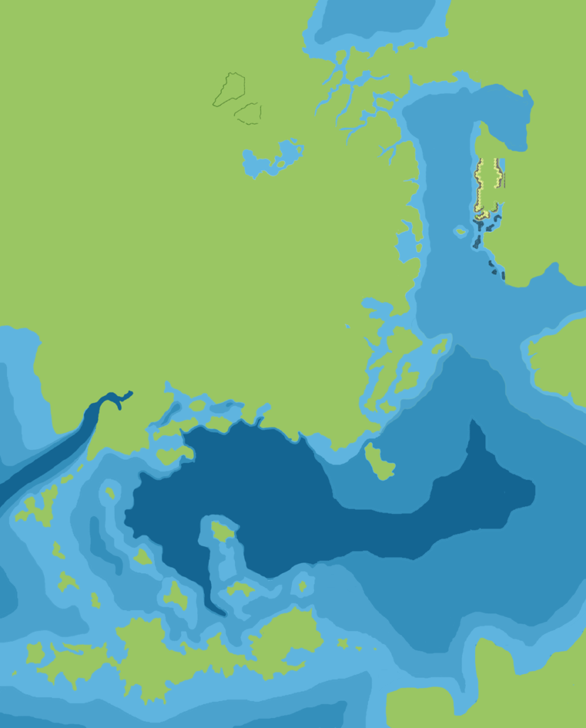 Known World 2300 BC Working Coastlines, 8 miles per hex, by John Calvin, September 2009