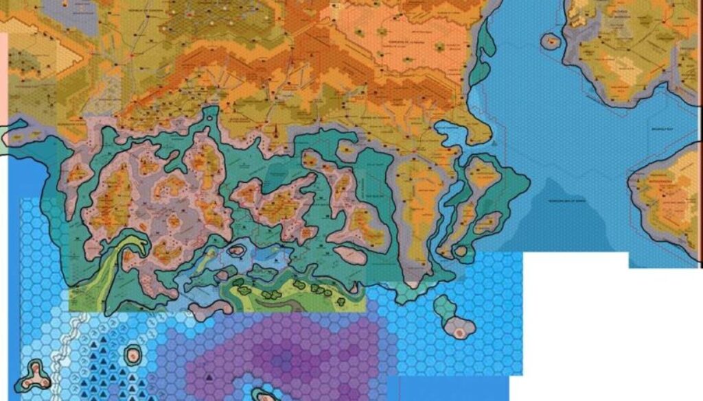 Known World Coastlines, 8 miles per hex, by John Calvin, September 2009