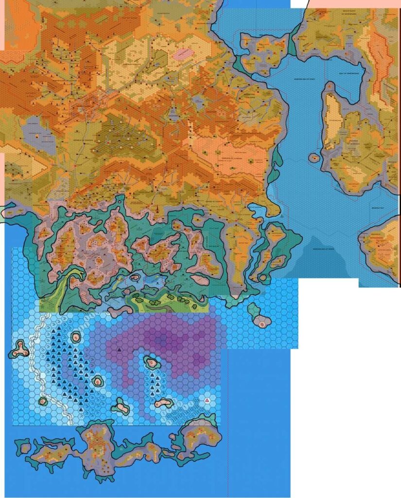 Known World Coastlines, 8 miles per hex, by John Calvin, September 2009
