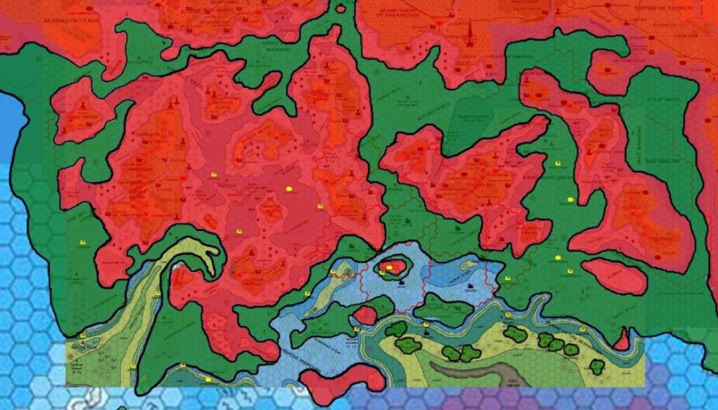 Known World Coastlines with Cities, 8 miles per hex, by John Calvin, September 2009