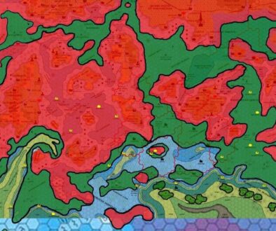 Known World Coastlines with Cities, 8 miles per hex, by John Calvin, September 2009