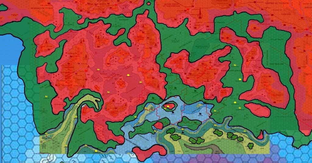 Known World Coastlines with Cities, 8 miles per hex, by John Calvin, September 2009