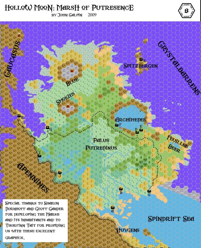 The Marsh of Putrescence, 8 miles per hex, by John Calvin, August 2009 (version 2)