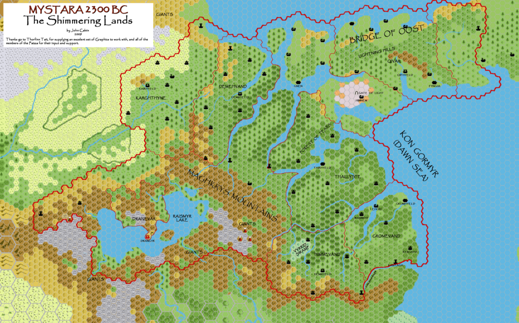 Shimmering Lands 2300 BC, 8 miles per hex, by John Calvin, April 2009 (version 1)
