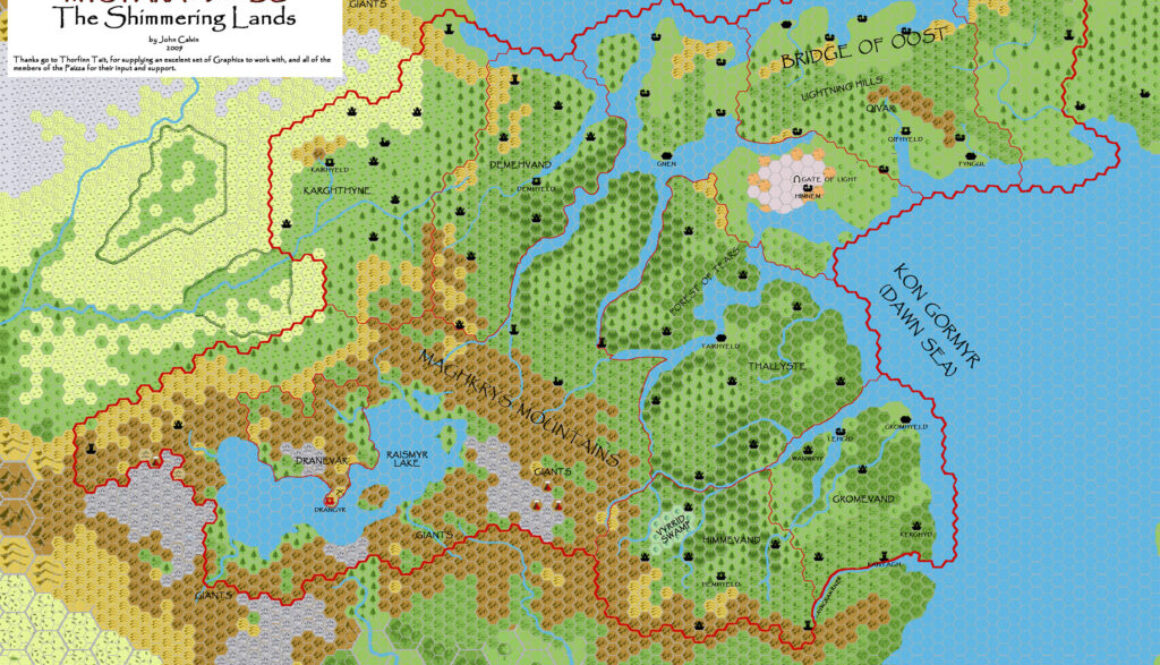 Shimmering Lands 2300 BC, 8 miles per hex, by John Calvin, April 2009 (version 1)