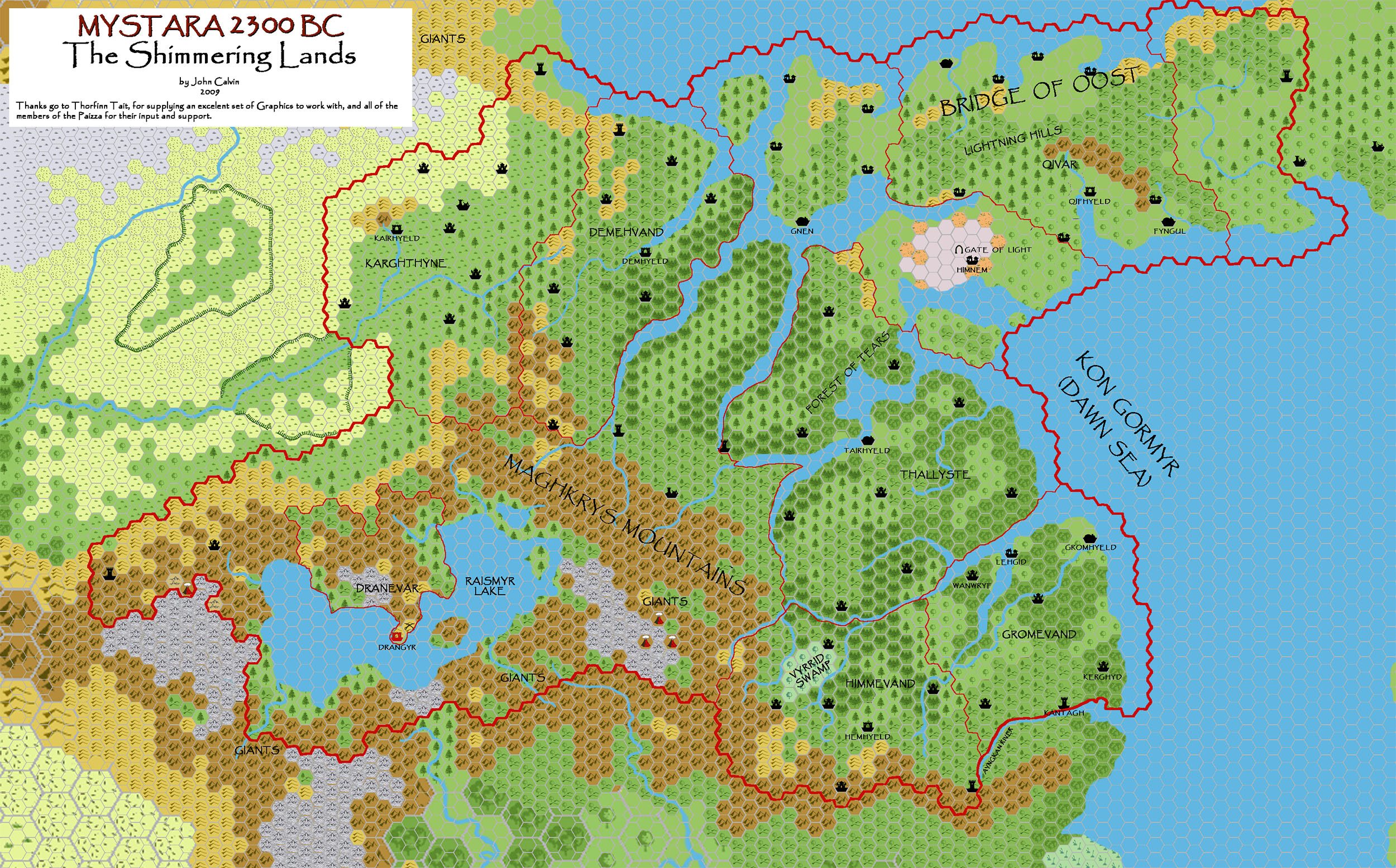 Shimmering Lands 2300 BC, 8 miles per hex, by John Calvin, April 2009 (version 1)