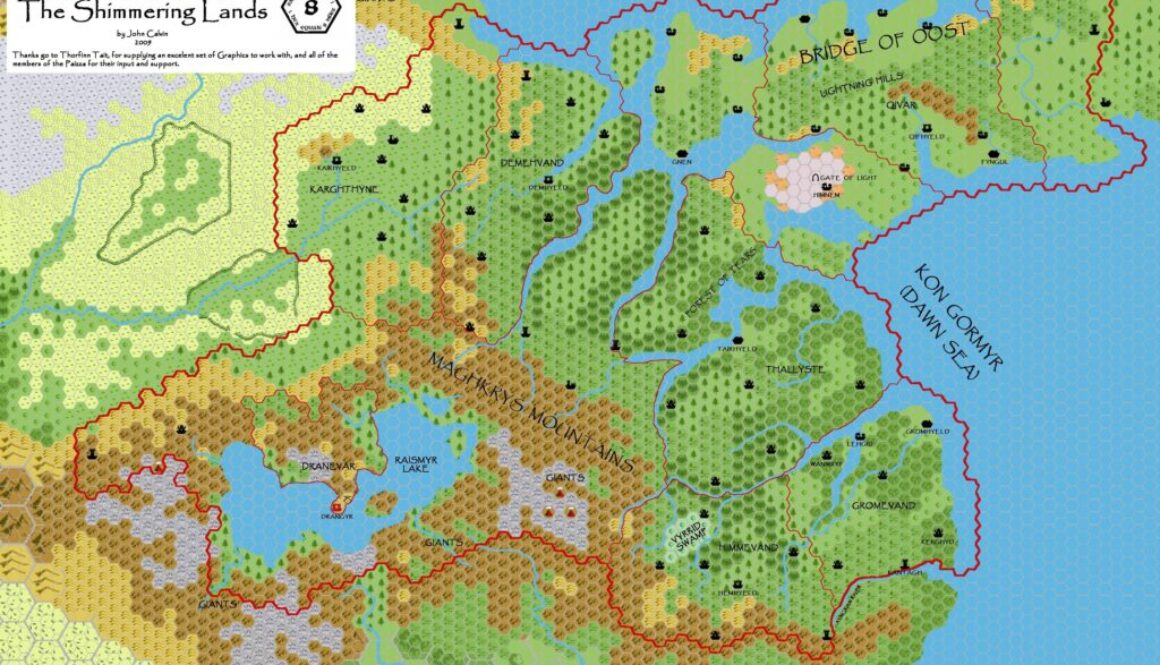 Shimmering Lands 2300 BC, 8 miles per hex, by John Calvin, May 2009 (version 2)