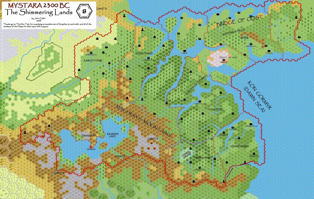 Shimmering Lands 2300 BC, 8 miles per hex, by John Calvin, May 2009 (version 2)