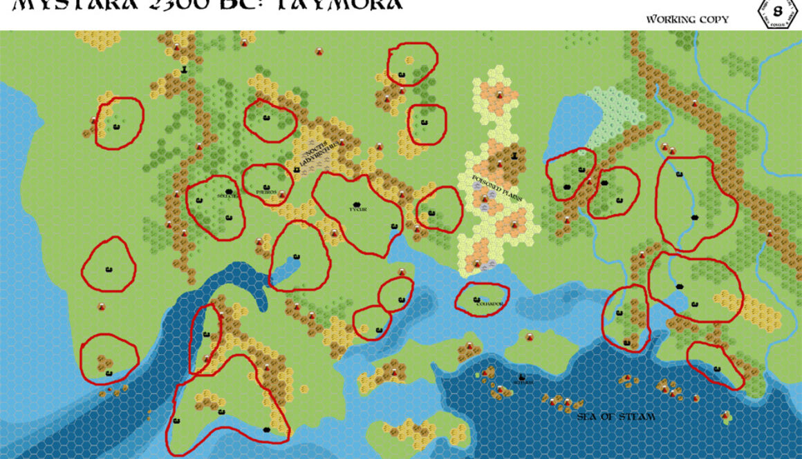 Taymora 2300 BC Borders, 8 miles per hex, by John Calvin, March 2010