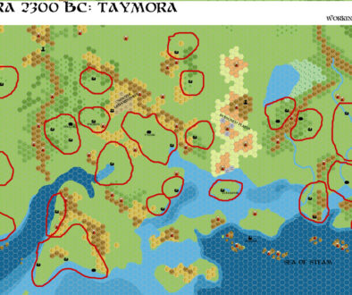 Taymora 2300 BC Borders, 8 miles per hex, by John Calvin, March 2010
