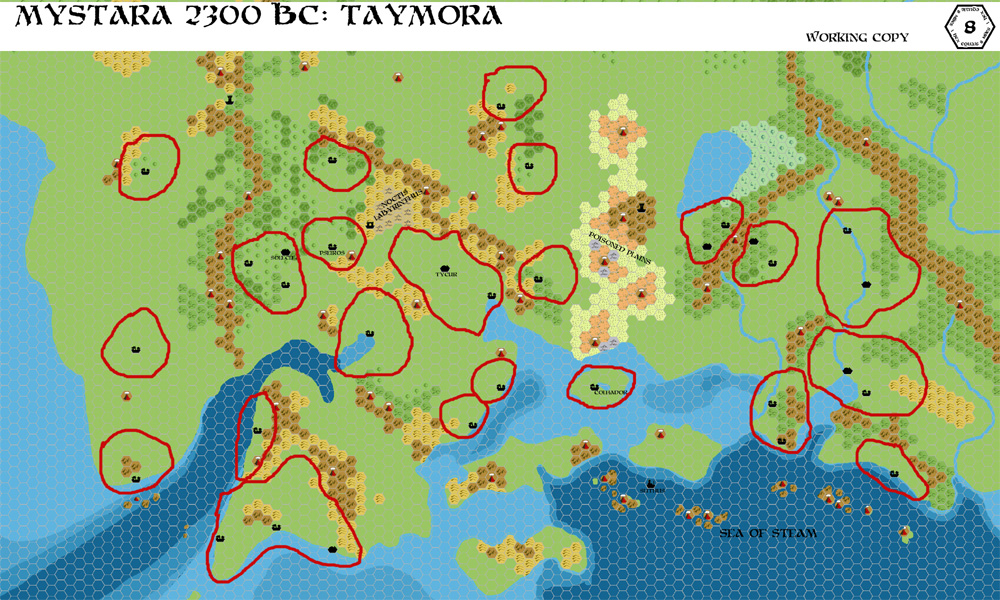 Taymora 2300 BC Borders, 8 miles per hex, by John Calvin, March 2010