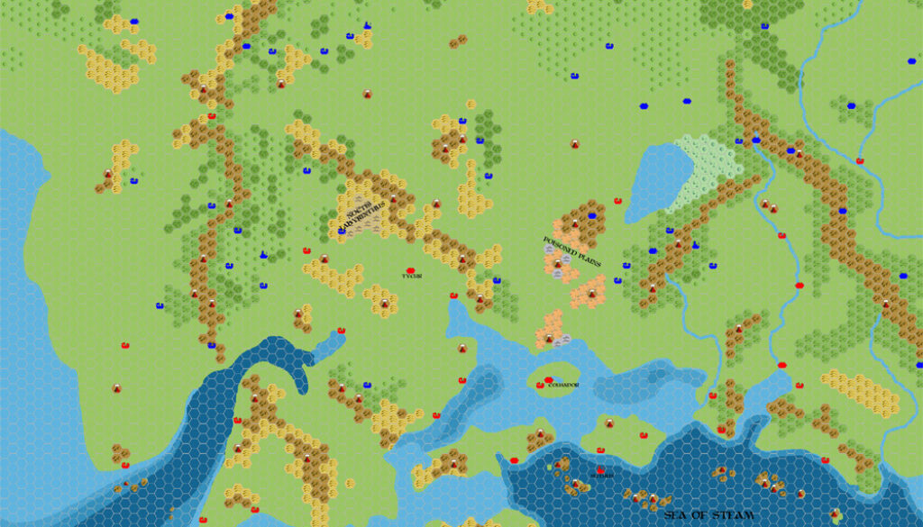 Taymora 2300 BC Cities, 8 miles per hex, by John Calvin, March 2010
