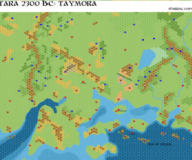 Taymora 2300 BC Cities, 8 miles per hex, by John Calvin, March 2010