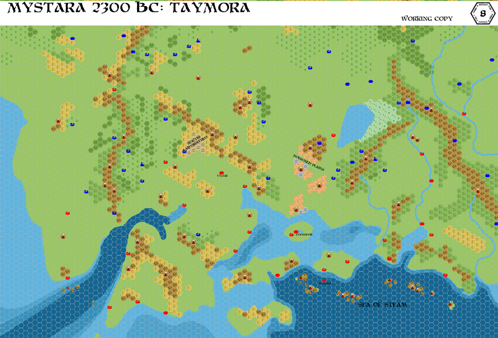Taymora 2300 BC Cities, 8 miles per hex, by John Calvin, March 2010
