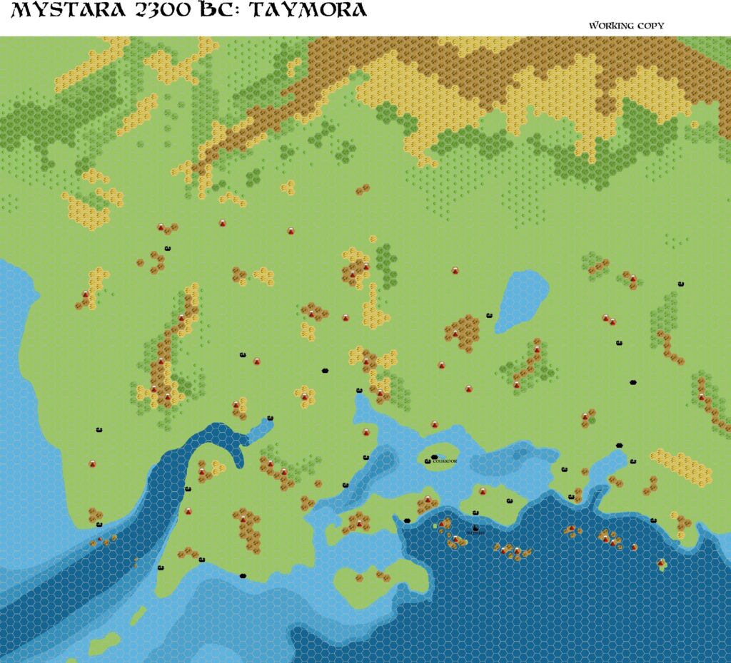 Taymora 2300 BC, 8 miles per hex, by John Calvin, September 2009 (version 2)