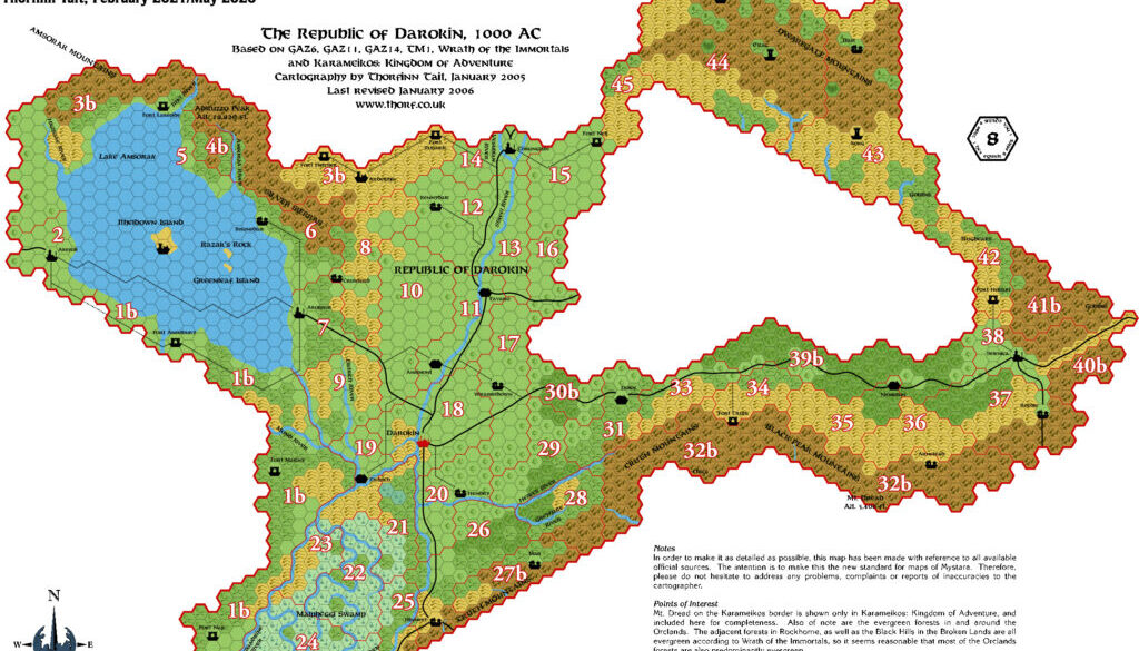 Darokin, 8 miles per hex with numbered labels, by Emma Rome, January 2006 (Reconstructed by Thorfinn Tait, May 2026)