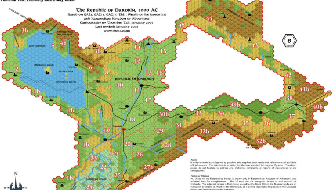 Darokin, 8 miles per hex with numbered labels, by Emma Rome, January 2006 (Reconstructed by Thorfinn Tait, May 2026)