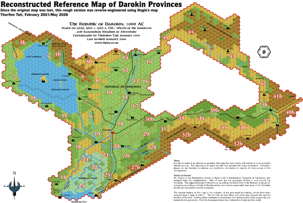 Darokin, 8 miles per hex with numbered labels, by Emma Rome, January 2006 (Reconstructed by Thorfinn Tait, May 2026)