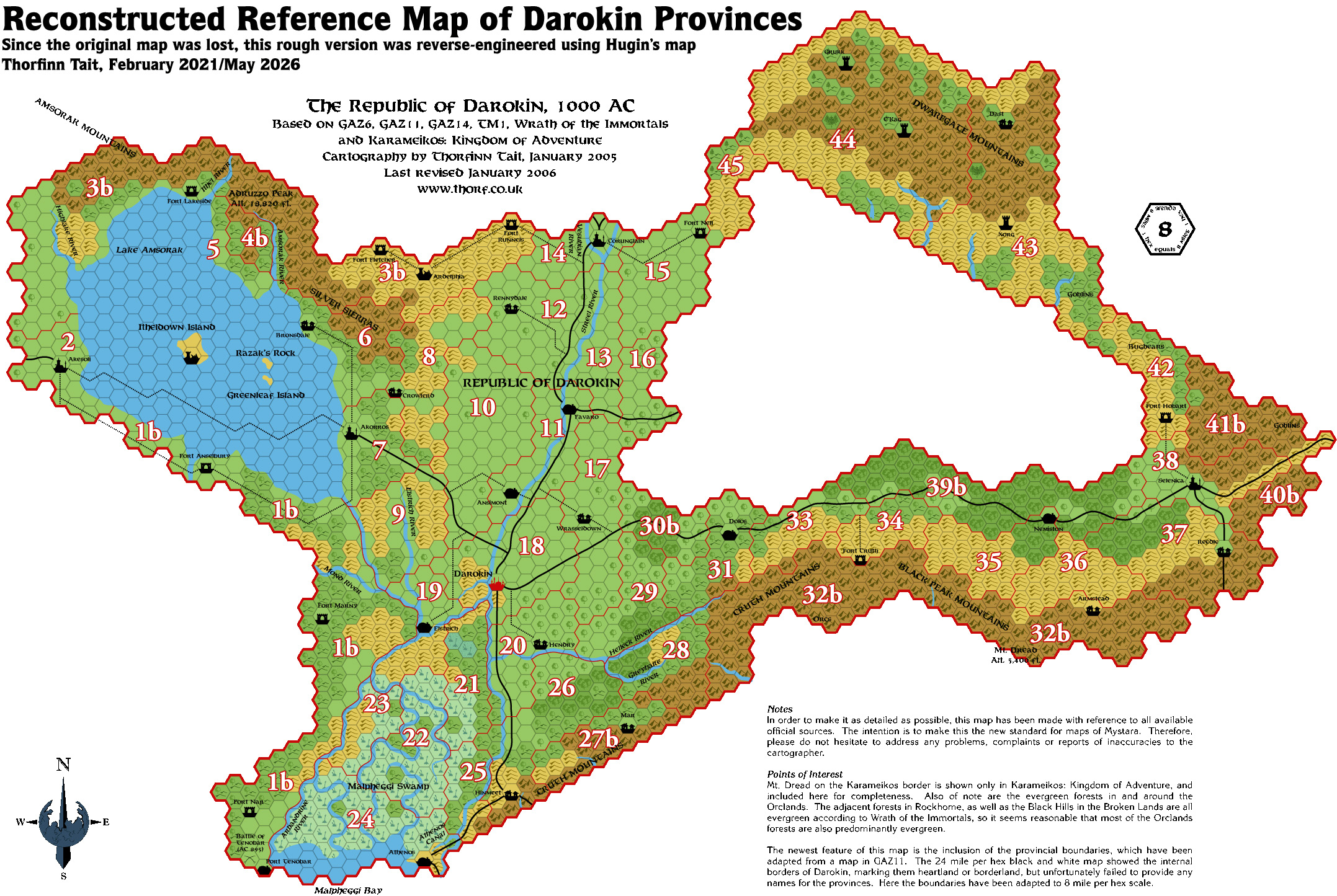 Darokin, 8 miles per hex with numbered labels, by Emma Rome, January 2006 (Reconstructed by Thorfinn Tait, May 2026)