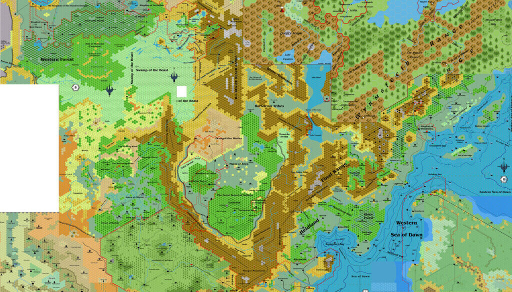 Known World North, 8 miles per hex work-in-prorgess, by John Calvin, November 2010 (version 2)