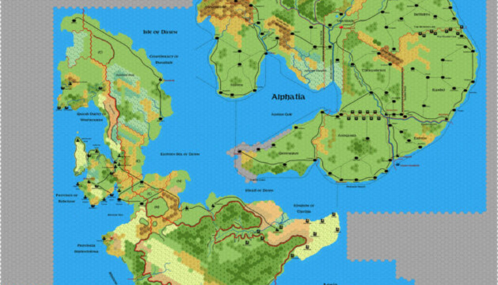 The Alphatian Empire (incomplete), 24 miles per hex, by Emma Rome, May 2025