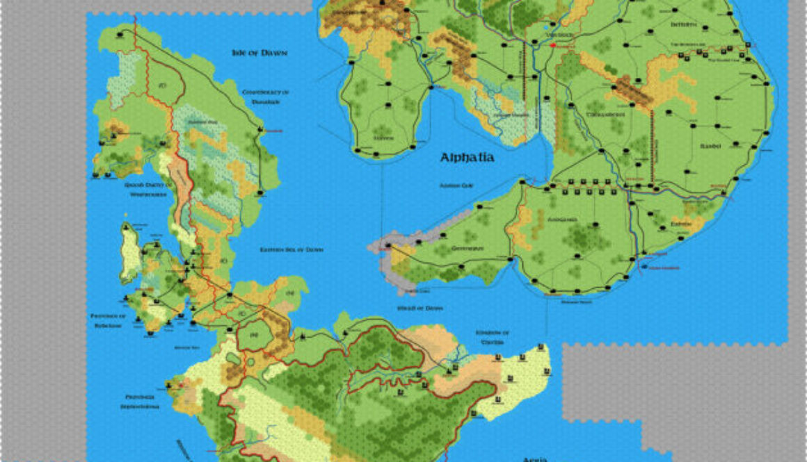 The Alphatian Empire (incomplete), 24 miles per hex, by Emma Rome, May 2025
