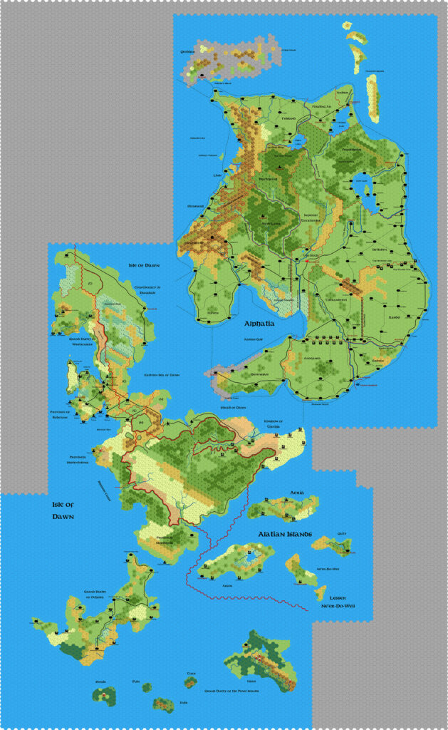 The Alphatian Empire (incomplete), 24 miles per hex, by Emma Rome, May 2025