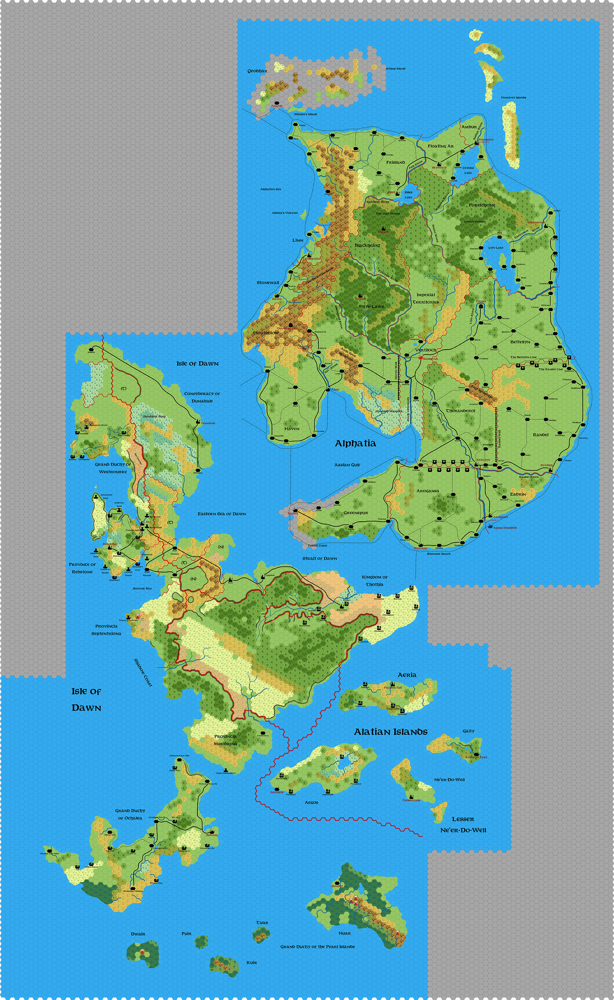 The Alphatian Empire (incomplete), 24 miles per hex, by Emma Rome, May 2025