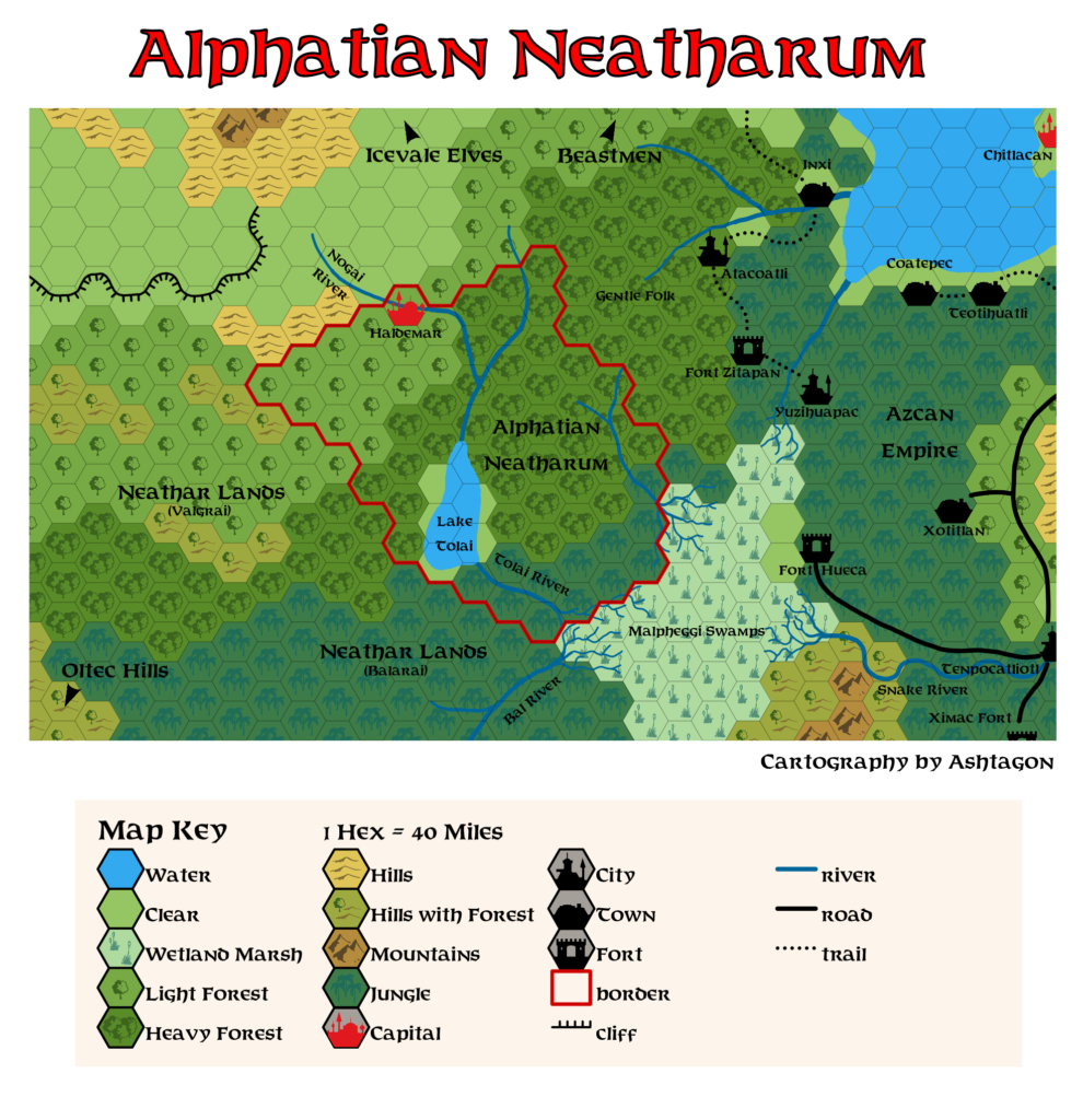 Alphatian Neatharum, 40 miles per hex, by Emma Rome, February 2026