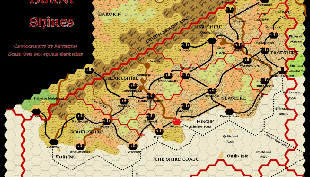The Burnt Shires, 8 miles per hex, by Emma Rome, January 2025