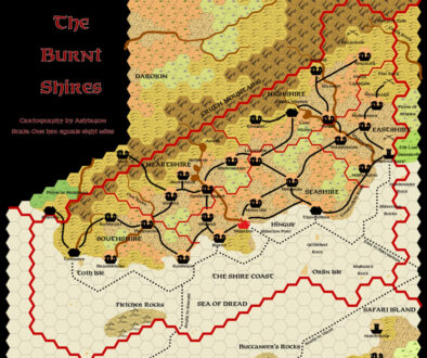 The Burnt Shires, 8 miles per hex, by Emma Rome, January 2025