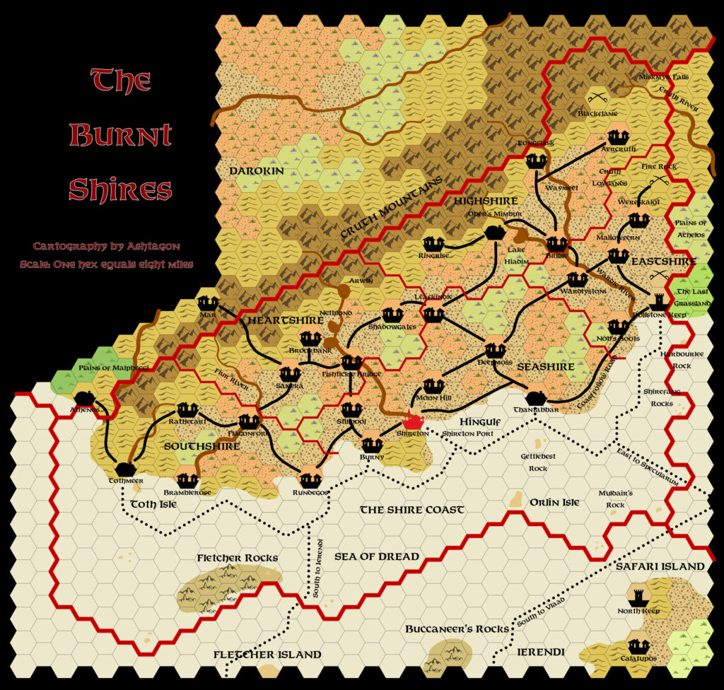 The Burnt Shires, 8 miles per hex, by Emma Rome, January 2025