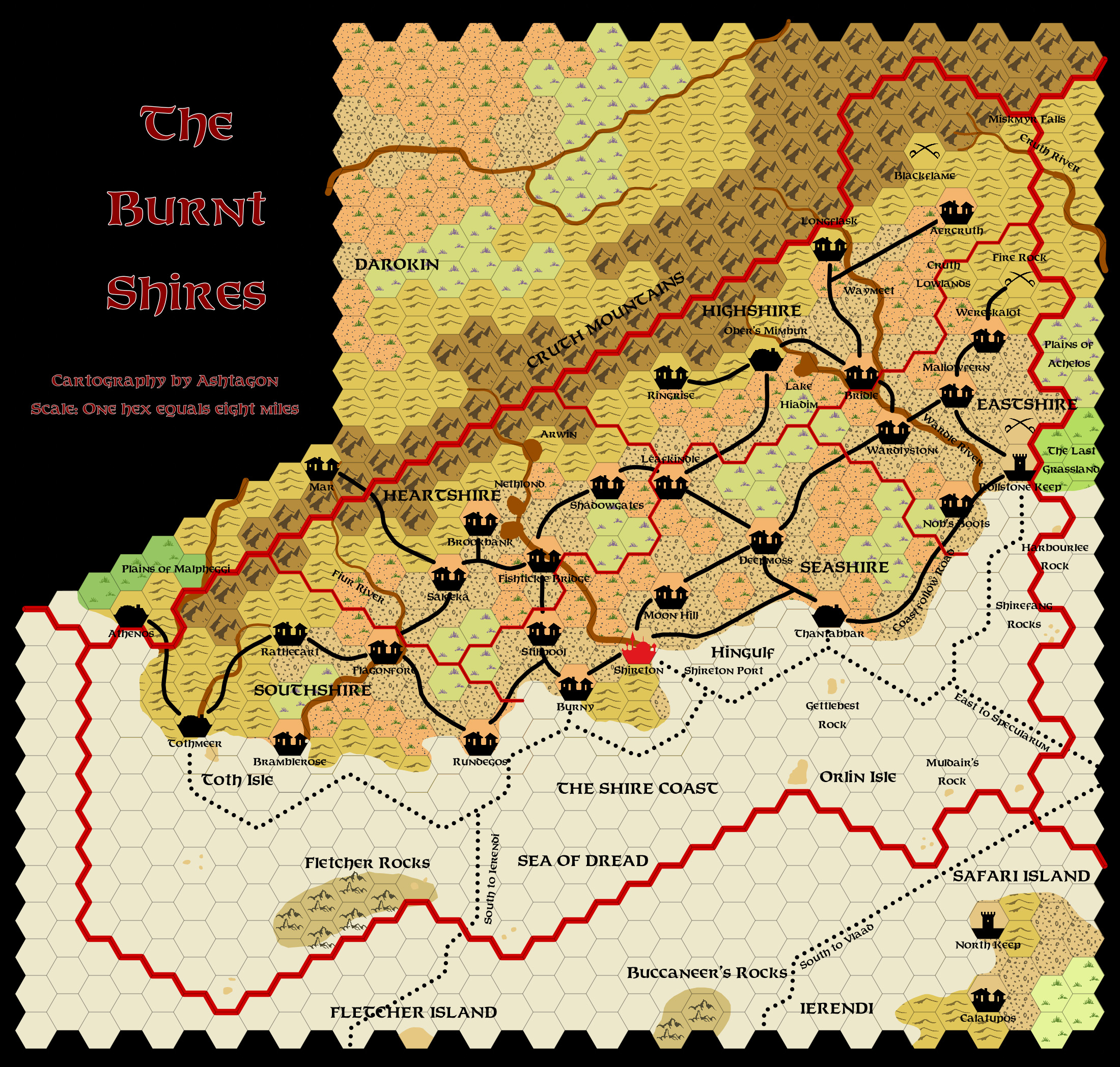 The Burnt Shires, 8 miles per hex, by Emma Rome, January 2025