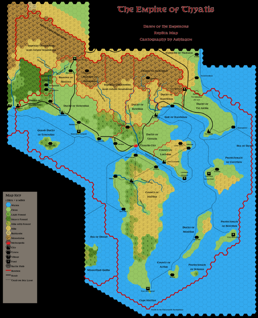 Dawn of the Emperors Empire of Thyatis, 8 miles per hex, by Emma Rome, November 2023