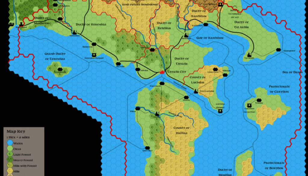 Dawn of the Emperors Empire of Thyatis, 8 miles per hex, by Emma Rome, November 2023