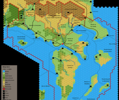 Dawn of the Emperors Empire of Thyatis, 8 miles per hex, by Emma Rome, November 2023