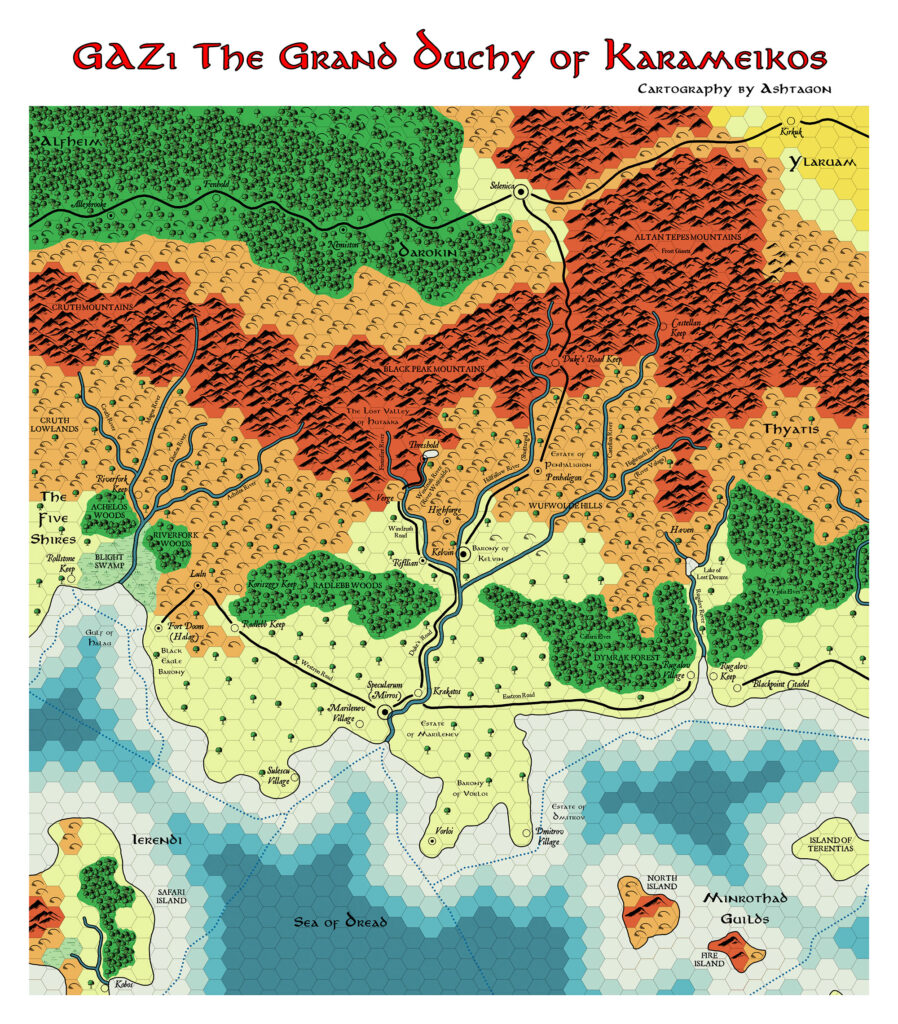GAZ1 The Grand Duchy of Karameikos, 8 miles per hex, by Emma Rome, August 2026