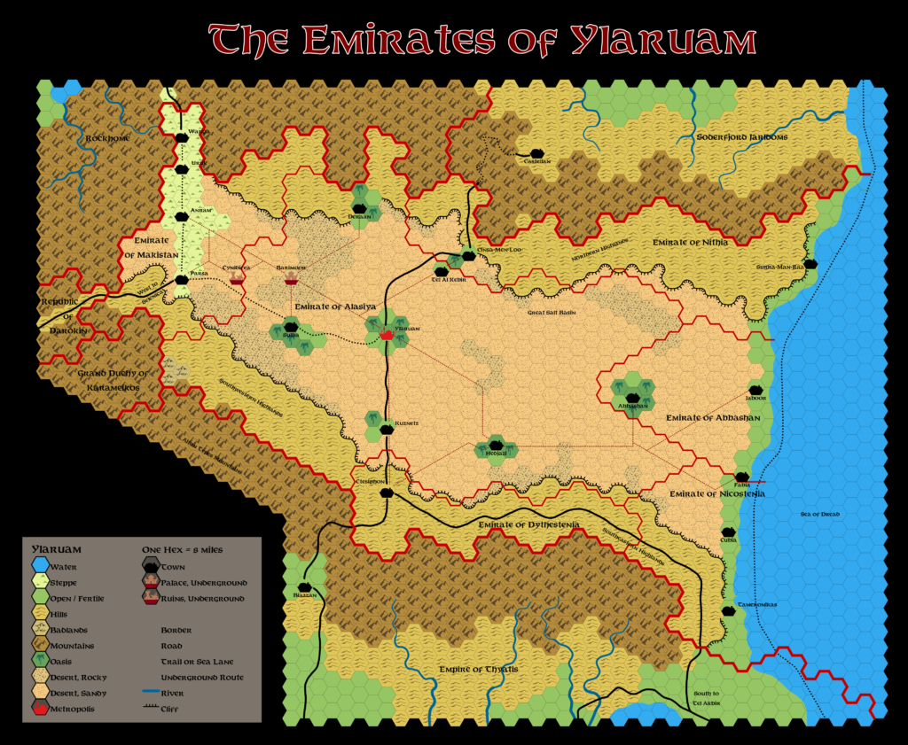 GAZ2 The Emirates of Ylaruam, 8 miles per hex, by Emma Rome, February 2024