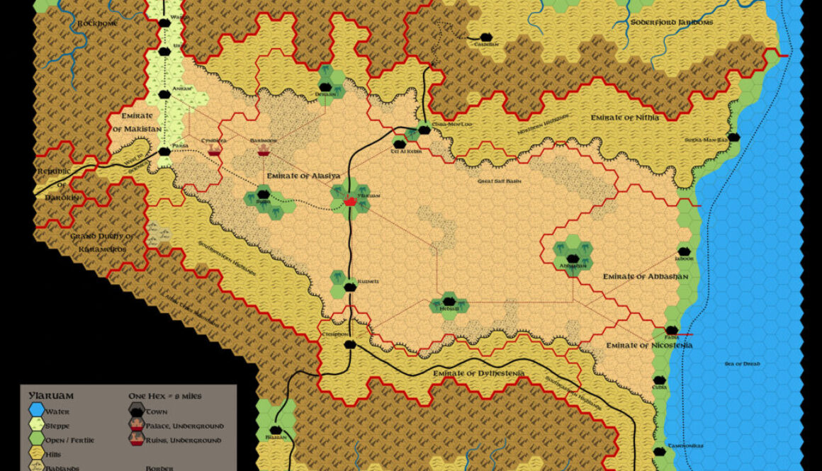 GAZ2 The Emirates of Ylaruam, 8 miles per hex, by Emma Rome, February 2024