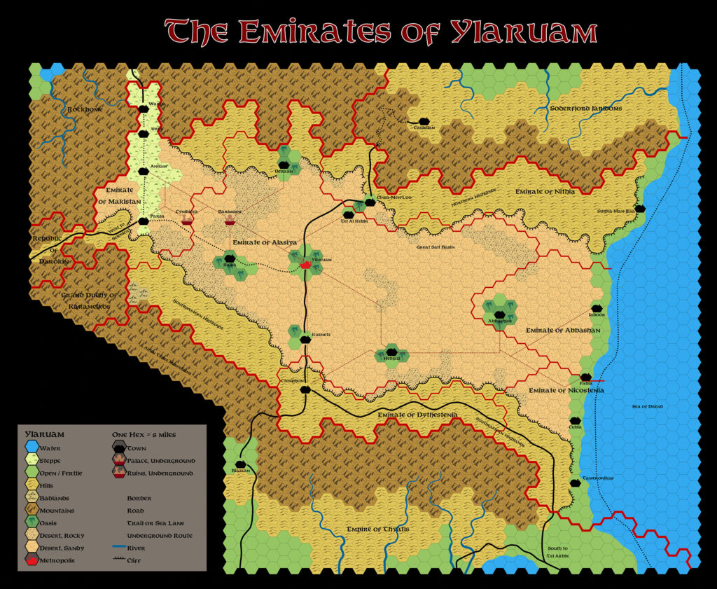 GAZ2 The Emirates of Ylaruam, 8 miles per hex, by Emma Rome, February 2024