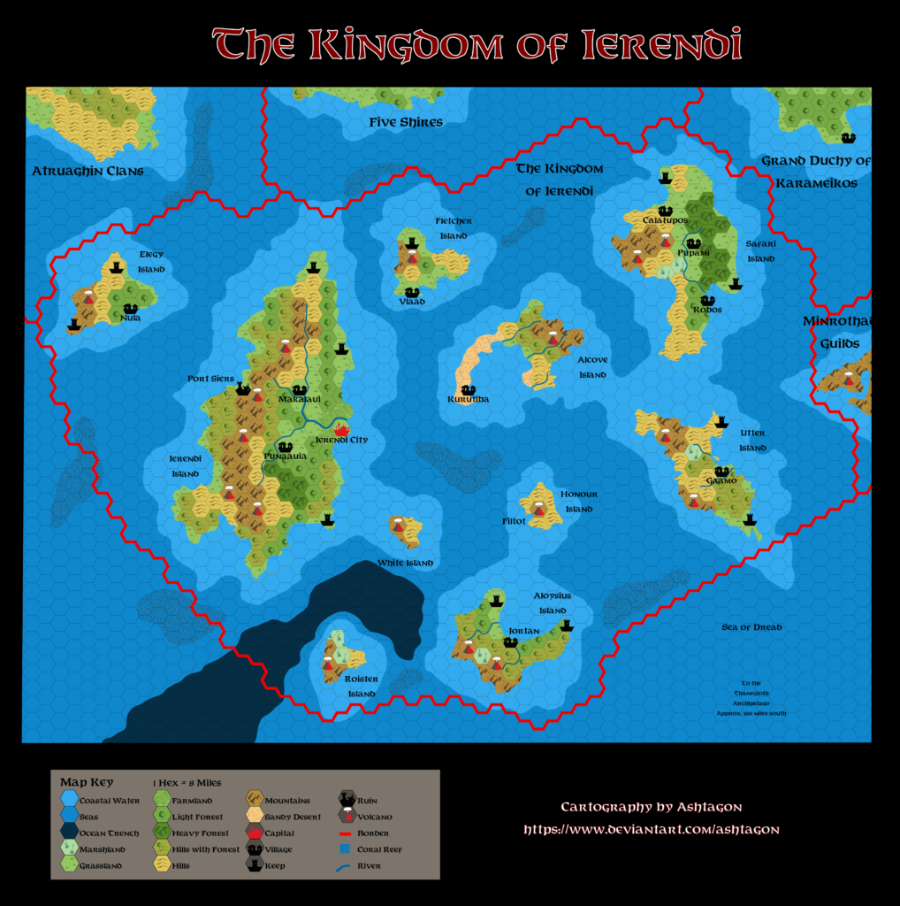 GAZ4 The Kingdom of Ierendi, 8 miles per hex, by Emma Rome, August 2024