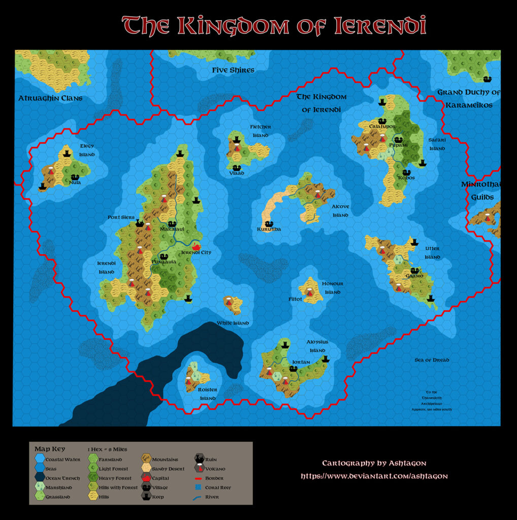 GAZ4 The Kingdom of Ierendi, 8 miles per hex, by Emma Rome, August 2024
